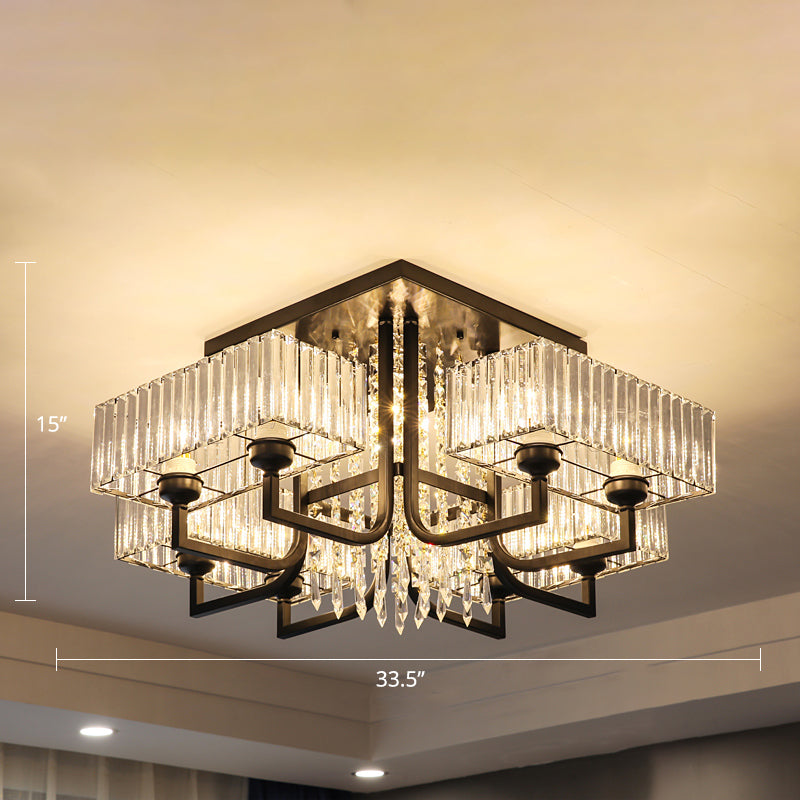 Black Semi Flush Mount Light with Prismatic Crystal for Living Room - Contemporary Rectangle Ceiling Light