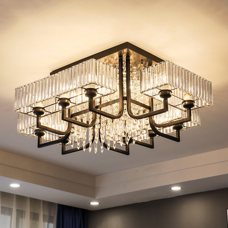 Modern Prismatic Crystal Semi Flush Mount Ceiling Light in Black for Living Room