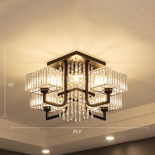 Modern Prismatic Crystal Semi Flush Mount Ceiling Light in Black for Living Room