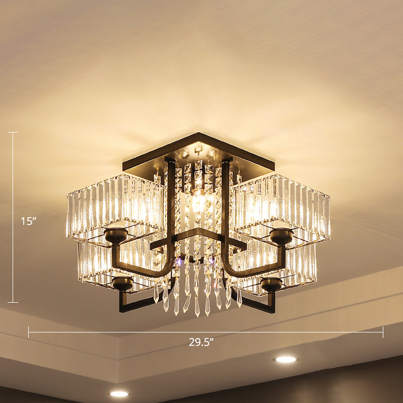 Black Semi Flush Mount Light With Prismatic Crystal For Living Room - Contemporary Rectangle Ceiling