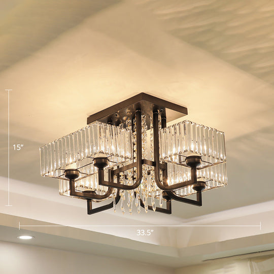 Modern Prismatic Crystal Semi Flush Mount Ceiling Light in Black for Living Room