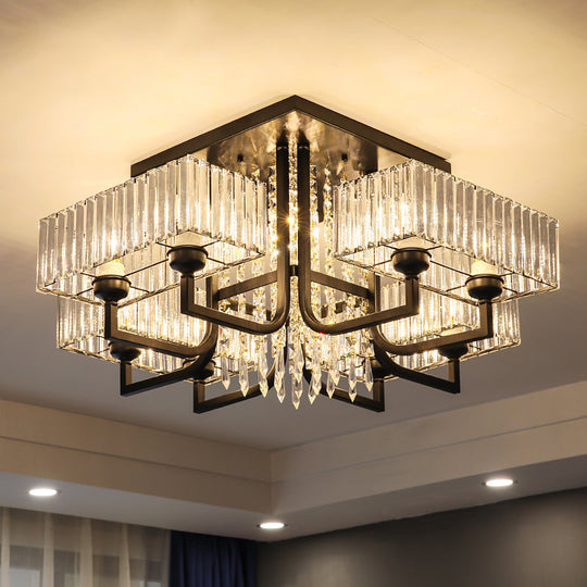 Modern Prismatic Crystal Semi Flush Mount Ceiling Light in Black for Living Room