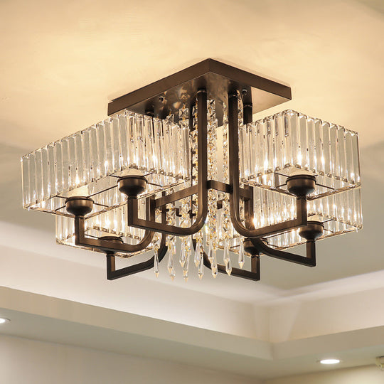 Modern Prismatic Crystal Semi Flush Mount Ceiling Light in Black for Living Room