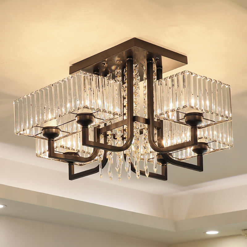 Modern Prismatic Crystal Semi Flush Mount Ceiling Light In Black For Living Room