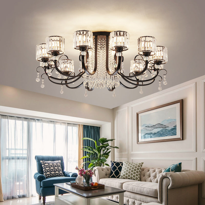 Modern Crystal Semi Flush Ceiling Light - Black Arc Arm Chandelier with Cylindrical Shade