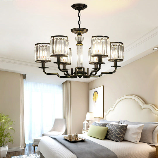 Minimalist Crystal Cylinder Pendant Lamp: Black Finish Chandelier For Bedroom