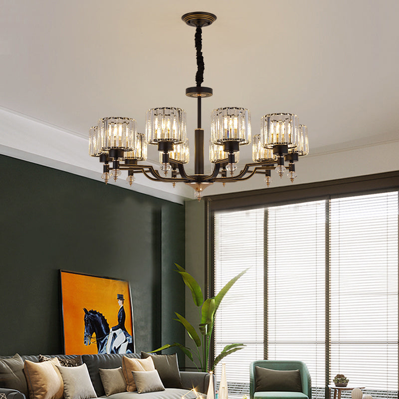 Modern Black Crystal Chandelier With Minimalist Cylindrical Suspension Design