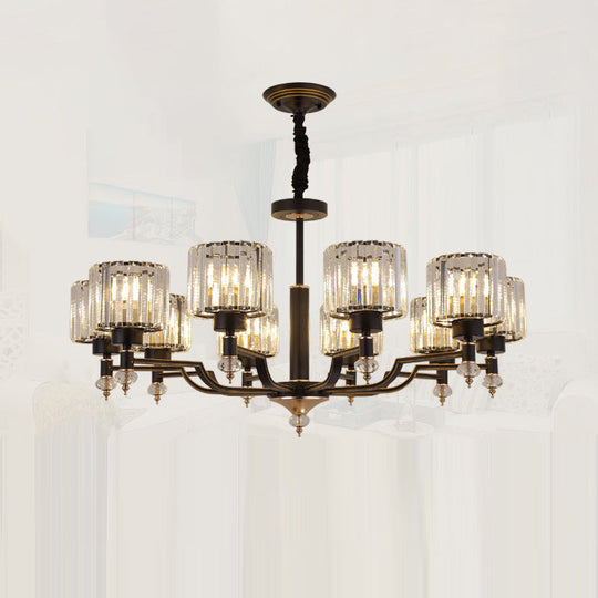 Modern Black Crystal Chandelier With Minimalist Cylindrical Suspension Design