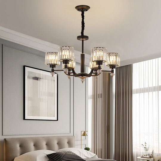 Modern Black Crystal Chandelier With Minimalist Cylindrical Suspension Design