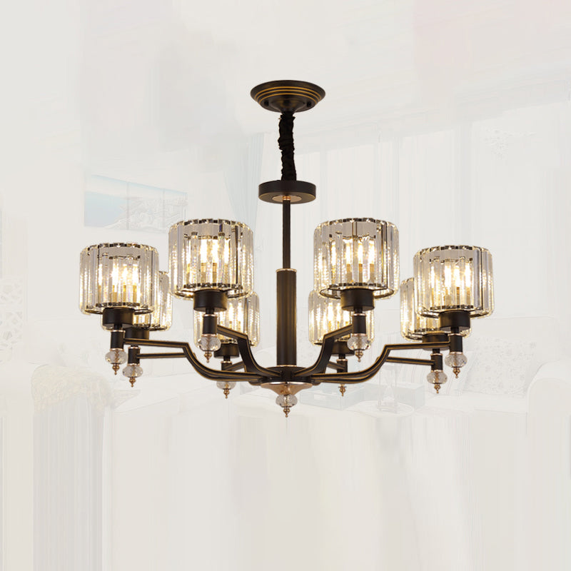 Modern Black Crystal Chandelier With Minimalist Cylindrical Suspension Design