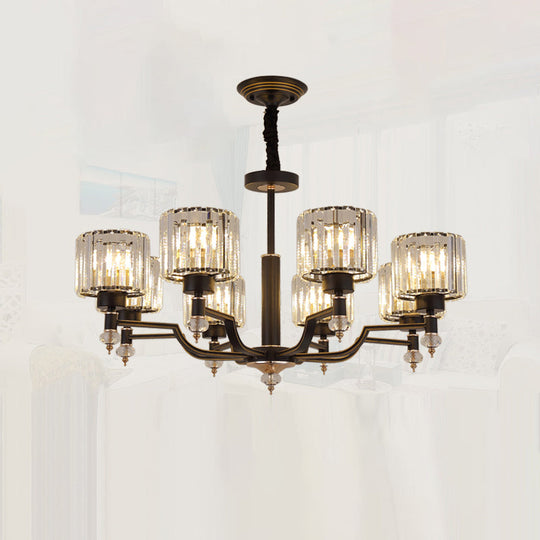 Modern Black Crystal Chandelier With Minimalist Cylindrical Suspension Design