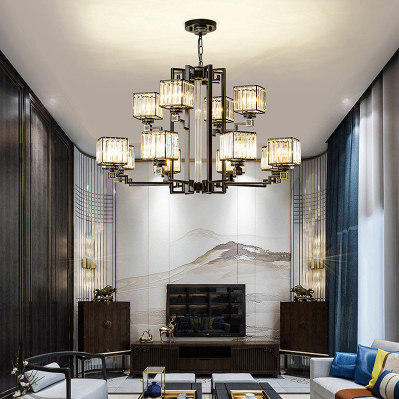 Black Tri-Sided Glass Chandelier With Traditional Cubic Pendant Lighting