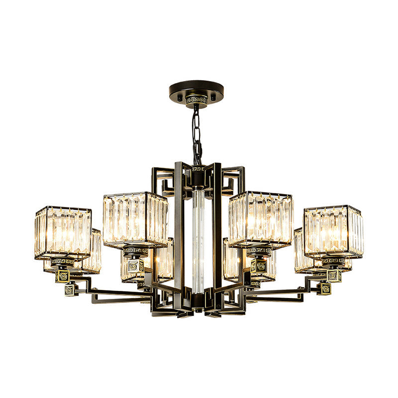 Black Tri-Sided Glass Chandelier With Traditional Cubic Pendant Lighting