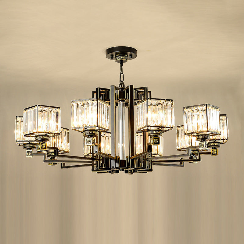 Black Tri-Sided Glass Chandelier With Traditional Cubic Pendant Lighting