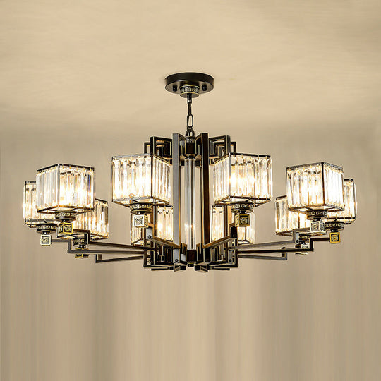 Black Tri-Sided Glass Chandelier With Traditional Cubic Pendant Lighting