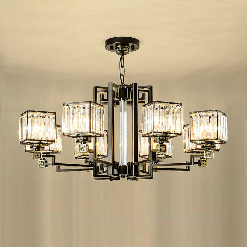 Black Tri-Sided Glass Chandelier With Traditional Cubic Pendant Lighting