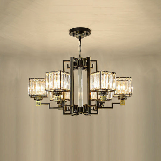 Black Tri-Sided Glass Chandelier With Traditional Cubic Pendant Lighting