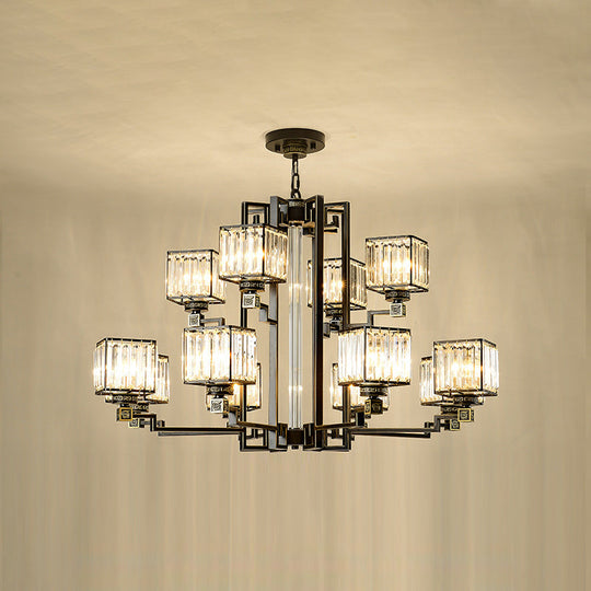 Black Tri-Sided Glass Chandelier With Traditional Cubic Pendant Lighting