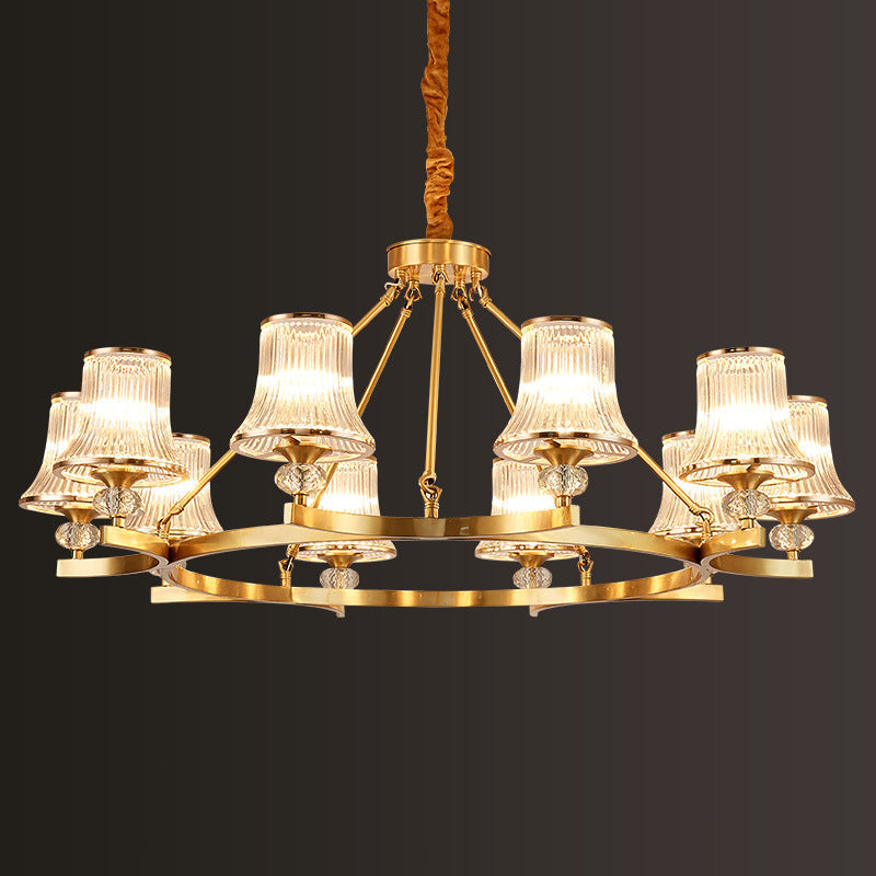 Vintage Brass Flared Chandelier With Clear Rib Glass - Living Room Pendant Light