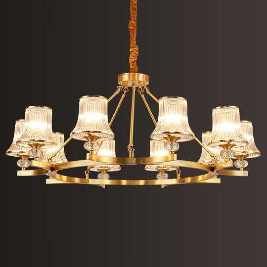 Vintage Brass Flared Chandelier With Clear Rib Glass - Living Room Pendant Light 10 /