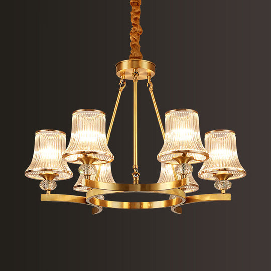 Vintage Brass Flared Chandelier With Clear Rib Glass - Living Room Pendant Light 6 /