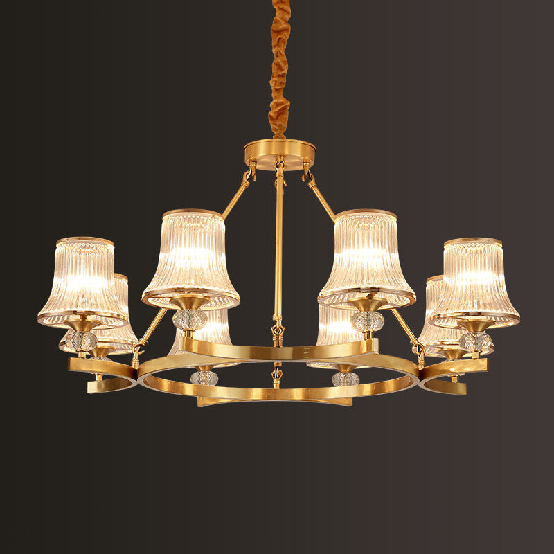 Vintage Brass Flared Chandelier With Clear Rib Glass - Living Room Pendant Light 8 /