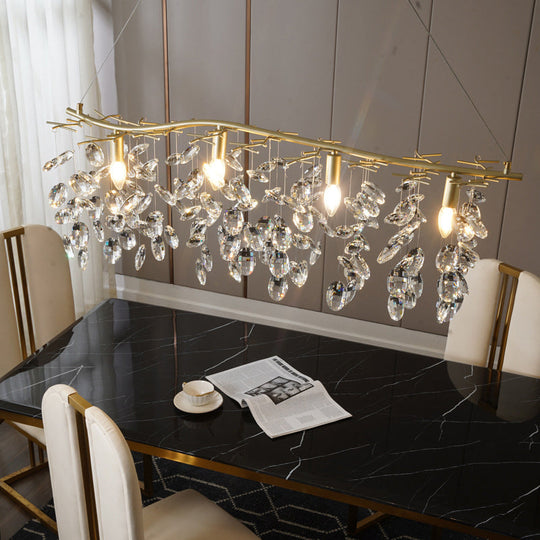 Beveled Crystal Chandelier: Country Brass Finish With Leaf Design Elegant Hanging Lamp For Living