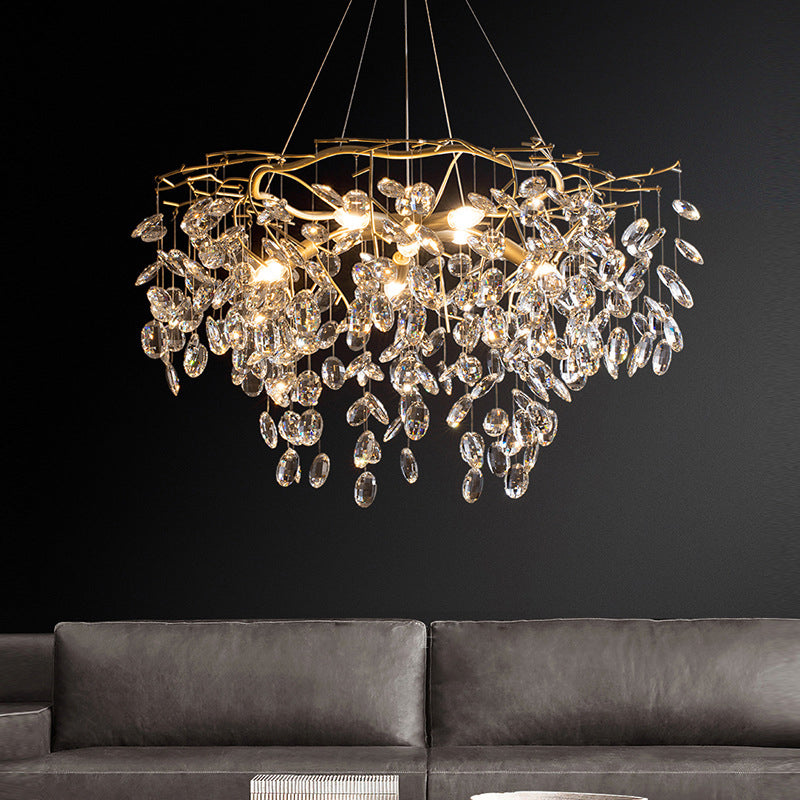 Beveled Crystal Chandelier: Country Brass Finish With Leaf Design Elegant Hanging Lamp For Living