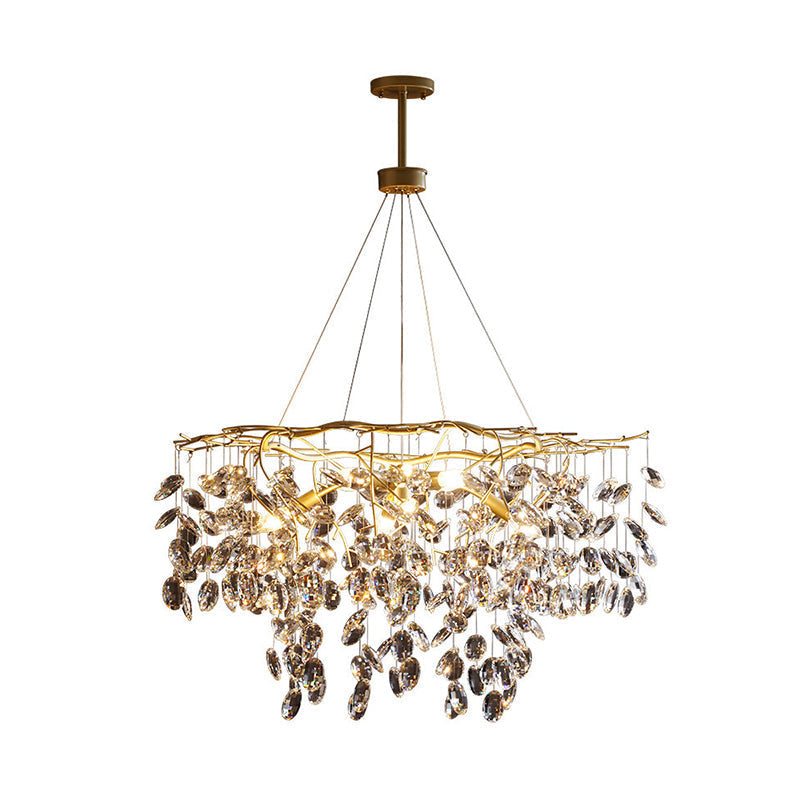 Beveled Crystal Chandelier: Country Brass Finish With Leaf Design Elegant Hanging Lamp For Living