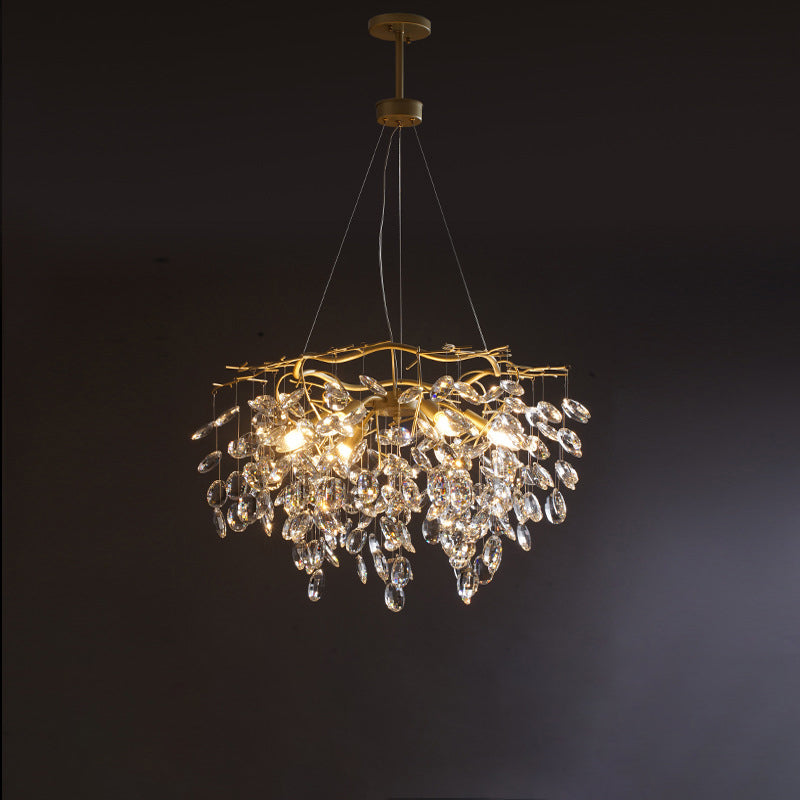 Beveled Crystal Chandelier: Country Brass Finish With Leaf Design Elegant Hanging Lamp For Living