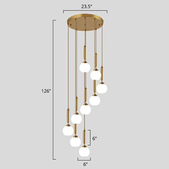 Gold Multi Hanging Stairway Light with Minimalist White Glass Ball Pendant