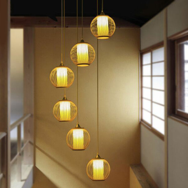 Asian Bamboo Suspension Pendant Light for Stairway - Beige