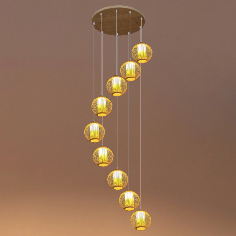 Asian Bamboo Suspension Pendant Light for Stairway - Beige