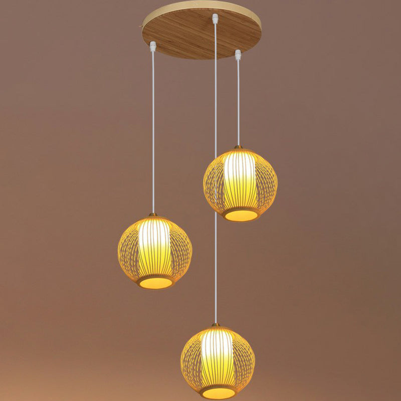 Asian Bamboo Suspension Pendant Light for Stairway - Beige