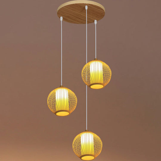 Asian Bamboo Suspension Pendant Light for Stairway - Beige