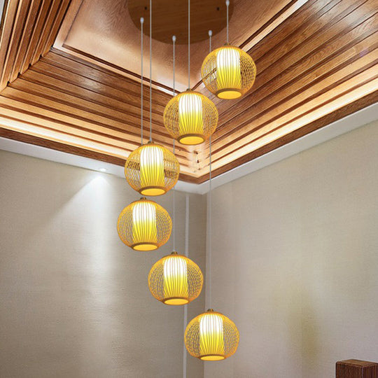 Asian Bamboo Suspension Pendant Light for Stairway - Beige