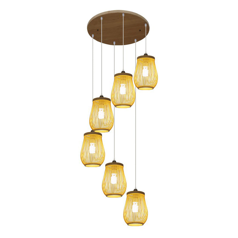 Asian Bamboo Suspension Pendant Light for Stairway - Beige