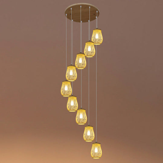 Asian Bamboo Suspension Pendant Light for Stairway - Beige