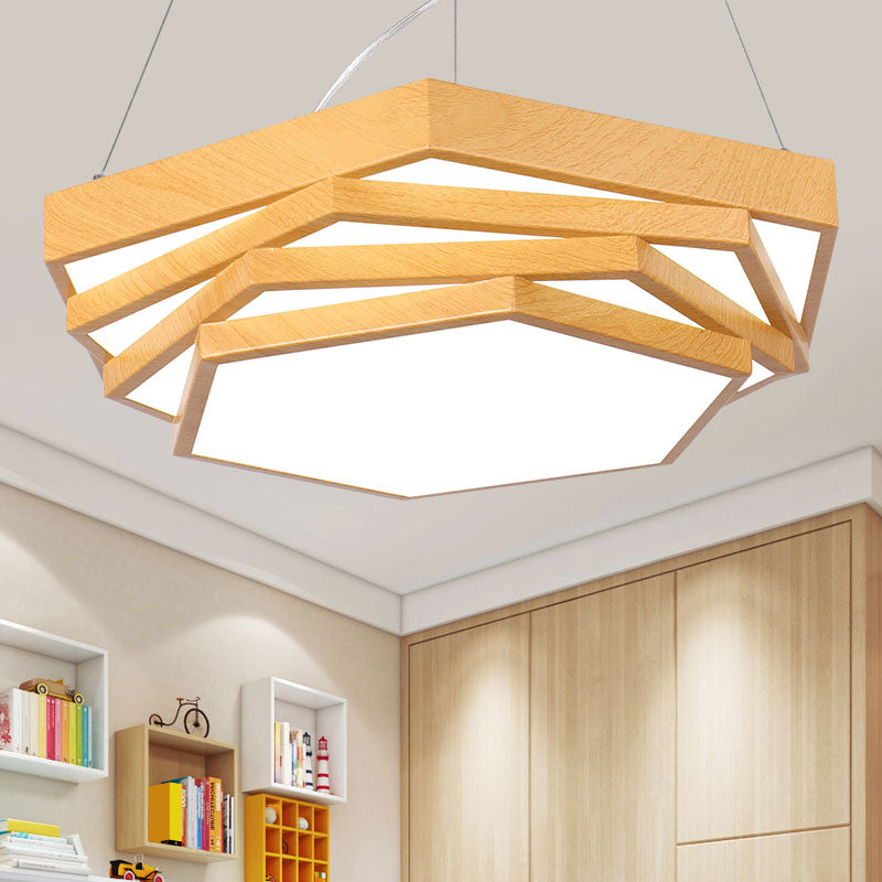 Modern LED Office Chandelier in Light Wood with Spiral Hexagon Acrylic Suspension Lighting