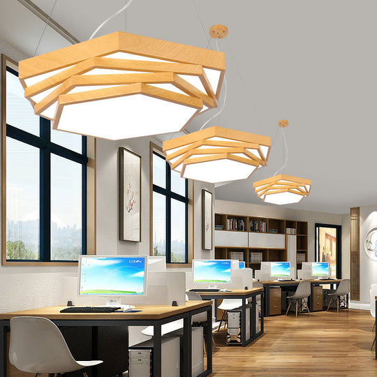 Modern LED Office Chandelier in Light Wood with Spiral Hexagon Acrylic Suspension Lighting