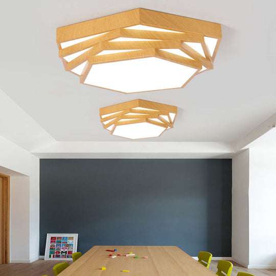 Modern LED Office Chandelier in Light Wood with Spiral Hexagon Acrylic Suspension Lighting