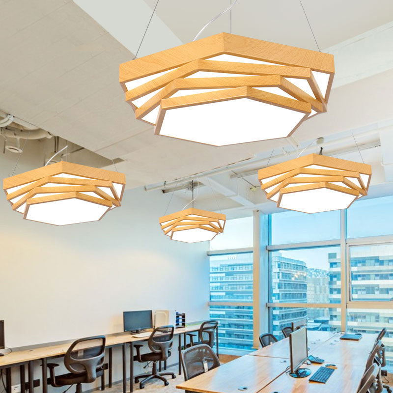 Modern LED Office Chandelier in Light Wood with Spiral Hexagon Acrylic Suspension Lighting