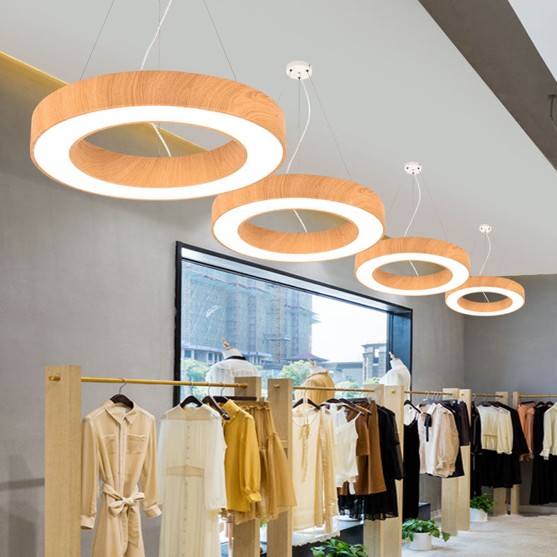 Minimalist LED Pendant Lamp for Meeting Rooms: Light Wood Circle Design with Metal Accents