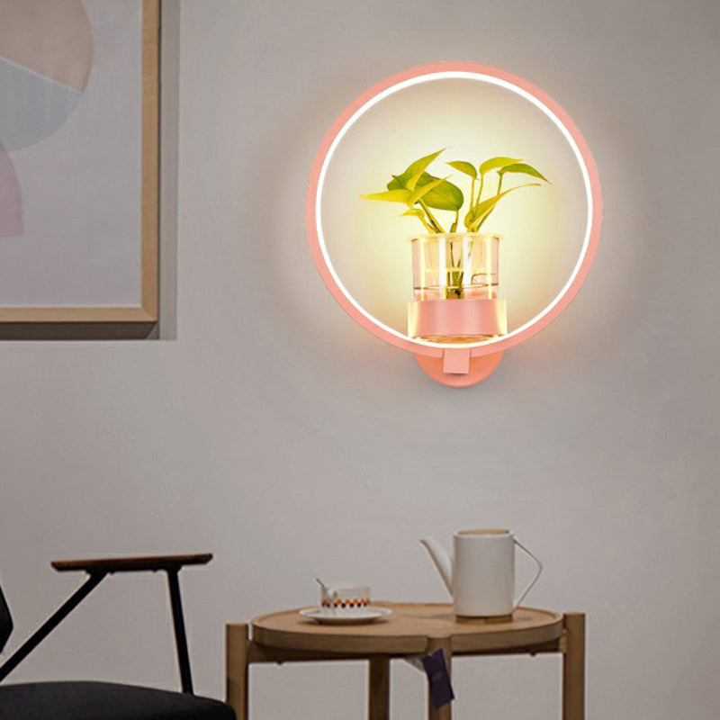 Modern Metal Wall Sconce With Artistic Loop Design And Clear Glass Plant Pot Pink / Third Gear Round