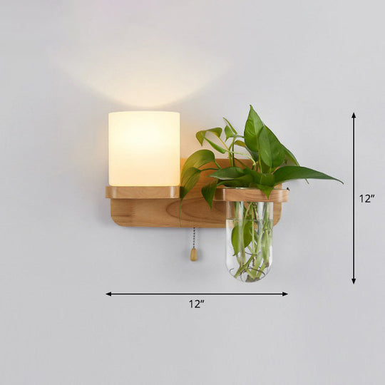 Geometric Wall Sconce Art Deco 1 Head Light With Plant Container And Wooden Shelf - Cream Glass Wood