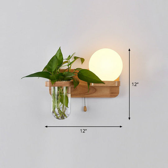 Geometric Wall Sconce Art Deco 1 Head Light With Plant Container And Wooden Shelf - Cream Glass Wood