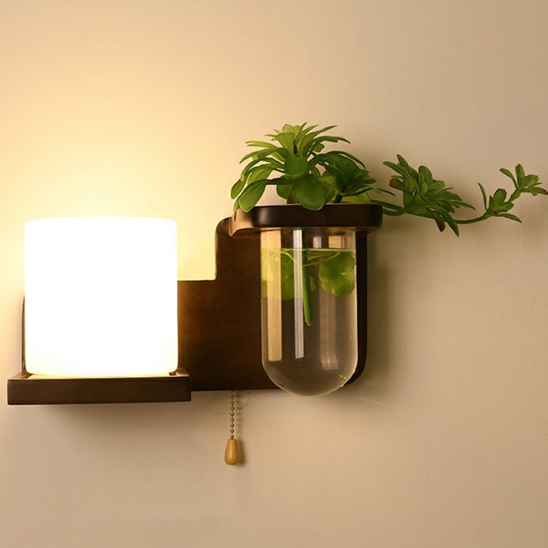 Ivory Glass Geometric Wall Bedside Sconce With Plant Container Brown / Cylinder