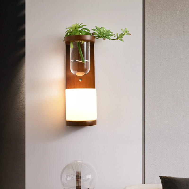 Ivory Glass Geometric Wall Bedside Sconce With Plant Container Brown / Long Column