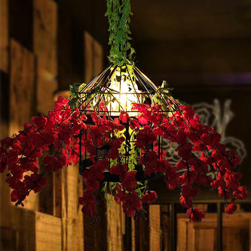 Hanging Industrial Cage Pendant Lamp With Artificial Leaf And Flower Accent