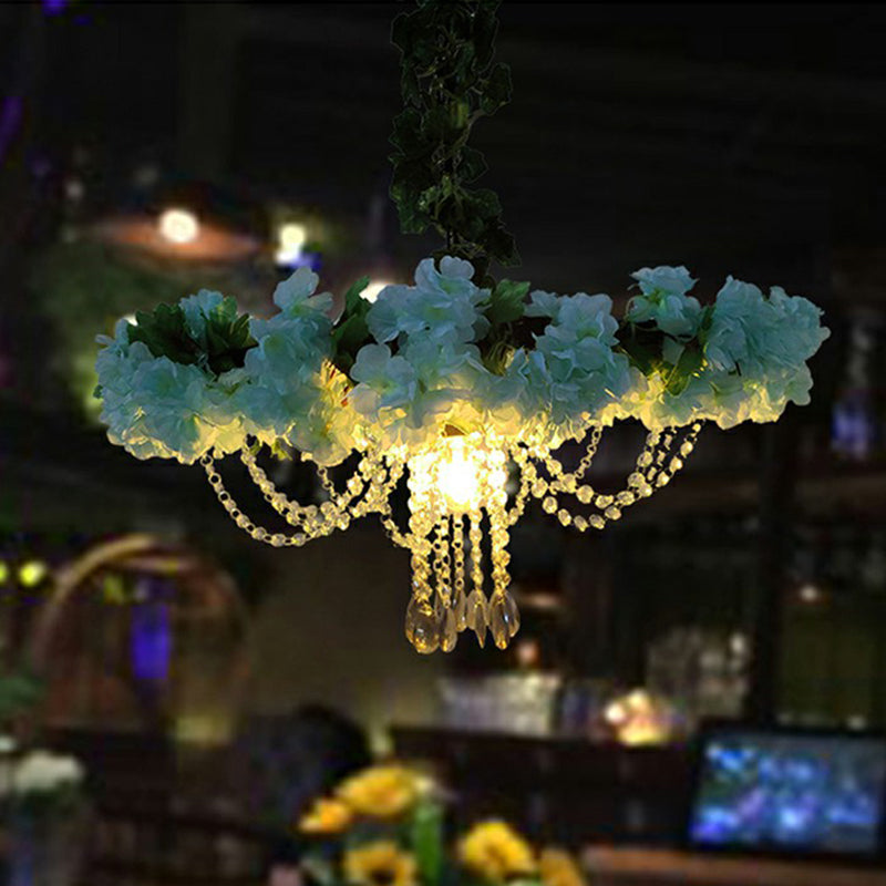 Hanging Industrial Cage Pendant Lamp With Artificial Leaf And Flower Accent